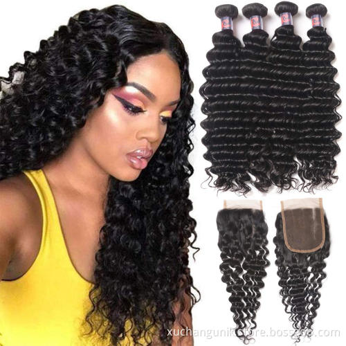 Uniky Deep Wave Human Hair Bundles With Closure Hair Extensions Brazilian Virgin Hair Weave Bundles